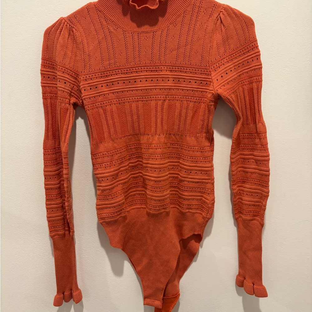 Free People Coral Eyelet Knit Turtleneck body suit